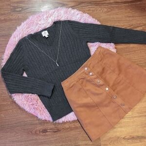 St. John's Bay Ribbed V-Neck Dark Gray Fitted Sweater Women's Large Y2K Fall EUC